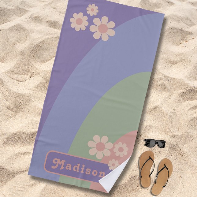 Retro 70s Groovy Daisy Custom Name Beach Towel (Modern Groovy floral personalized name beach towel in pastel colors)