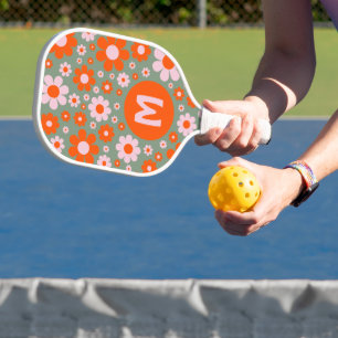 Retro 70s Groovy Daisy Orange Pink Personalized Pickleball Paddle