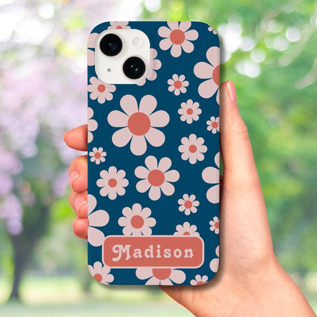 Retro 70s Groovy Daisy Pattern add Name Case-Mate iPhone Case (Retro 70s vintage daisy pattern blue and orange with groovy typography custom name iPhone case)