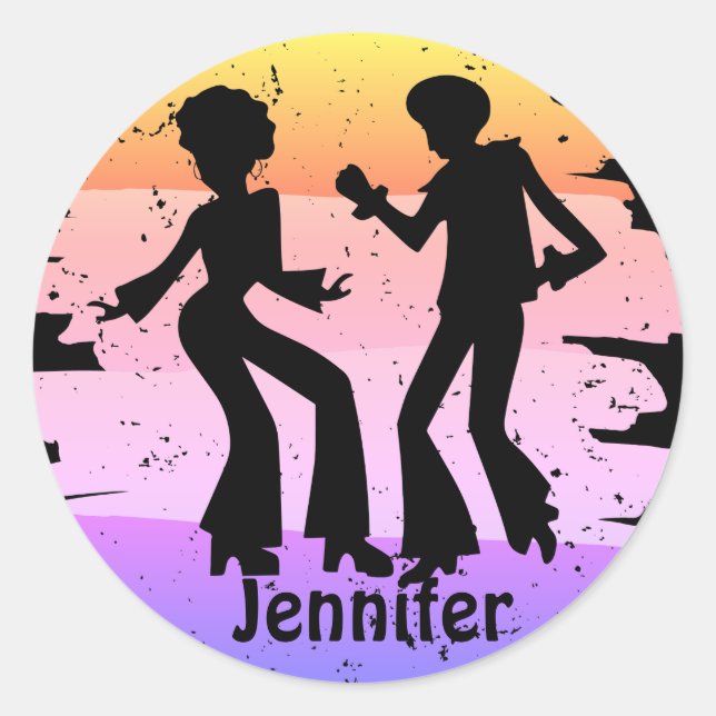 Retro 70s Groovy Disco Dancers Silhouettes Classic Round Sticker (Front)