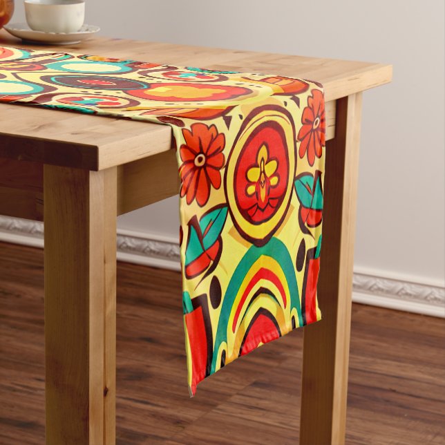 Retro 70s Groovy Fall Autumn Elements Pattern  Short Table Runner (In Situ)