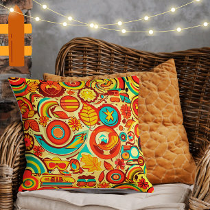 Retro 70s Groovy Fall Autumn Elements Pattern  Throw Pillow