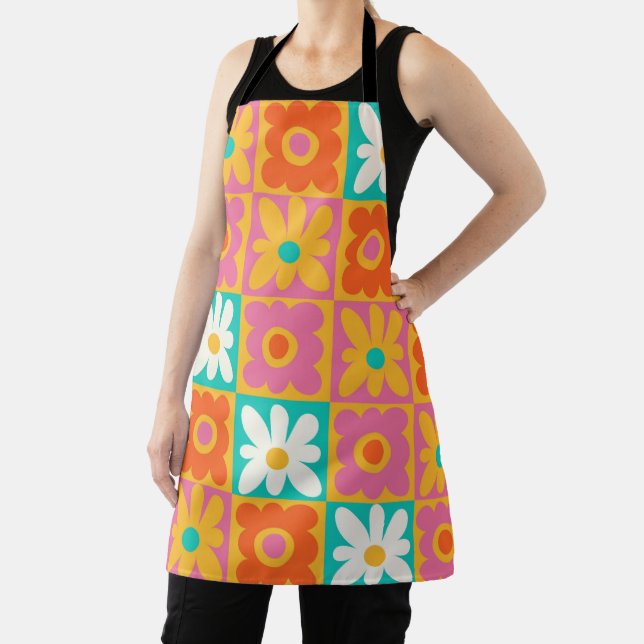 Retro 70s Groovy Floral Chequerboard Colourful Apron (Insitu)