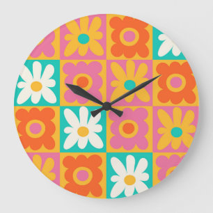 Retro 70s Groovy Floral Chequerboard Colourful Large Clock