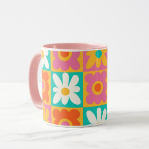 Retro 70s Groovy Floral Chequerboard Colourful Mug