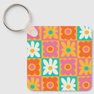 Retro 70s Groovy Floral Chequerboard Colourful Pat Keychain