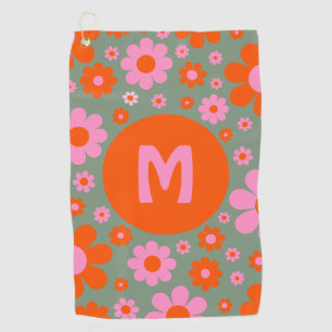 Retro 70s Groovy Floral Orange Pink Green Golf Towel