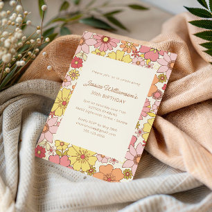 Retro 70s Groovy Floral Pink Yellow 30th Birthday Invitation