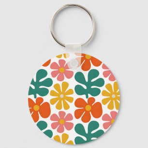 Retro 70s Groovy Folk Art Floral Pattern Keychain