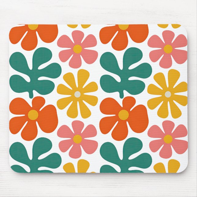 Retro 70s Groovy Folk Art Floral Pattern Mouse Pad (Front)