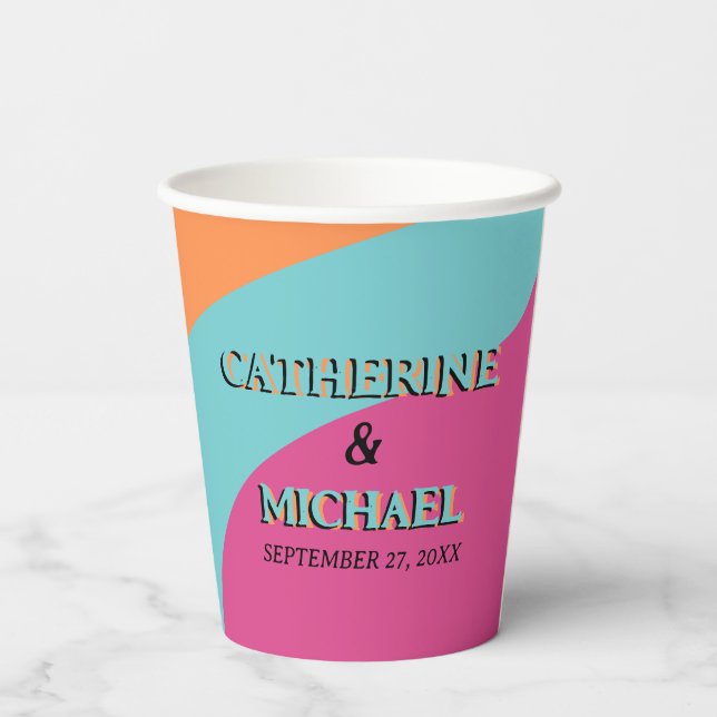 Retro 70s Groovy Fuchsia Fun Wedding  Paper Cups (Back)