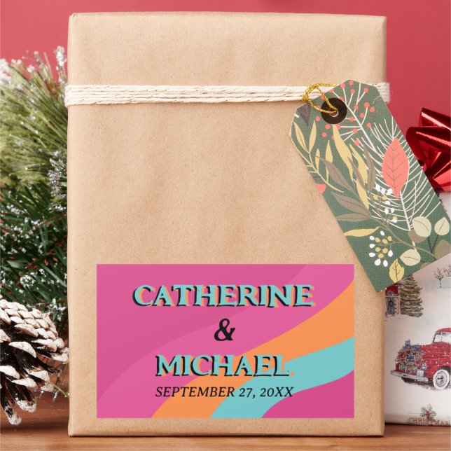 Retro 70s Groovy Fuchsia Fun Wedding Sticker (Holiday)