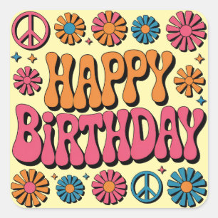 Retro 70s Groovy Happy Birthday Greeting Square Sticker