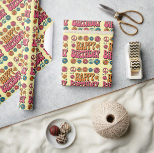 Retro 70s Groovy Happy Birthday Greeting  Wrapping Paper