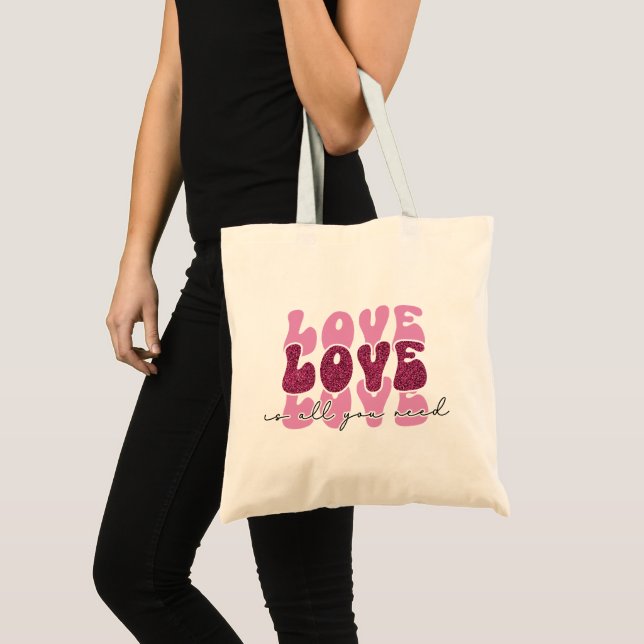 Retro 70s Groovy "Love" Typography Tote Bag (Front (Product))
