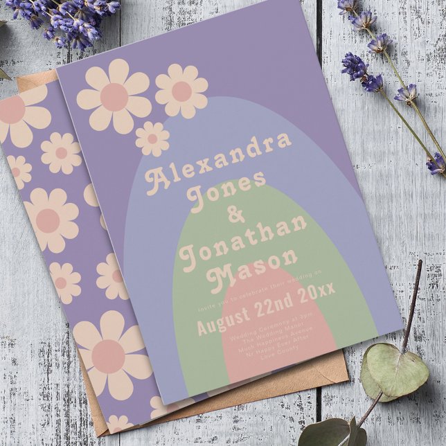 Retro 70s Groovy Pastel Colours Wedding Invitation (Modern retro daisy arch pastel wedding invitation with groovy 70s vintage typography )