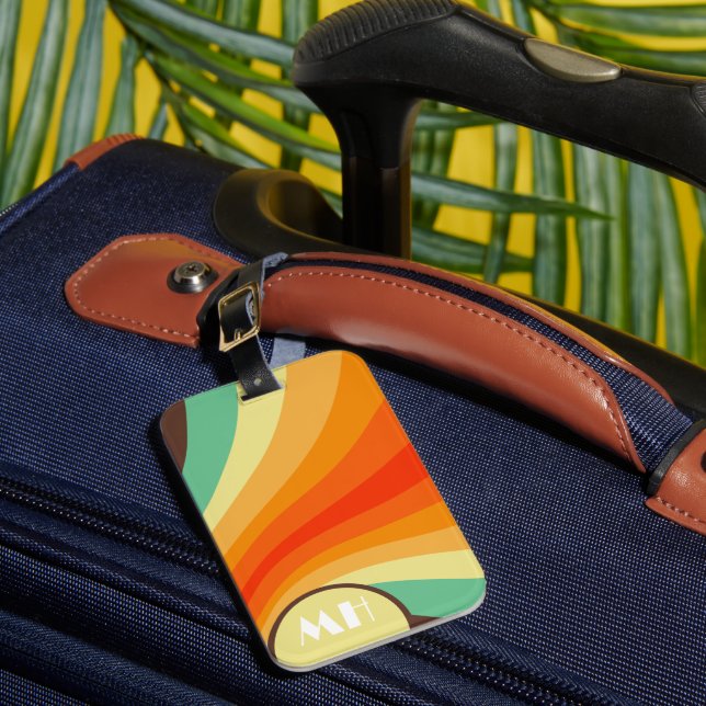 Retro 70s Groovy Stripes Monogram Luggage Tag (Front Insitu 1)