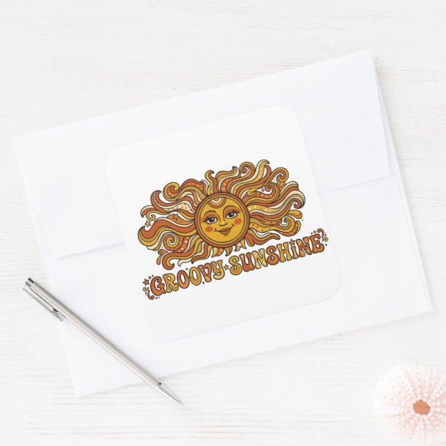 Retro 70s Groovy Sunshine Smiling Sun Square Sticker (Envelope)