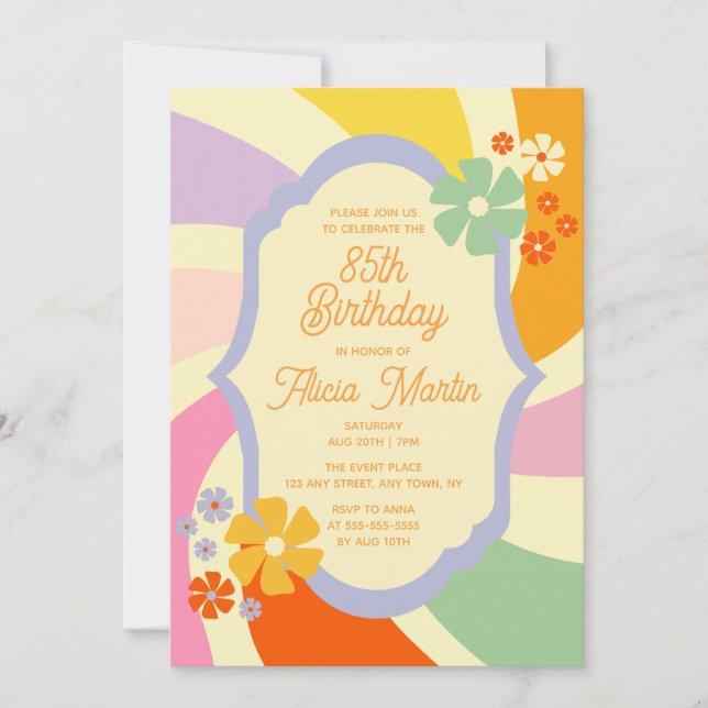 Retro 70s Groovy Wave Flower 85th Birthday Invitation (Front)