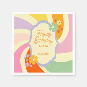Retro 70s Groovy Wave Flower Happy Birthday Napkin