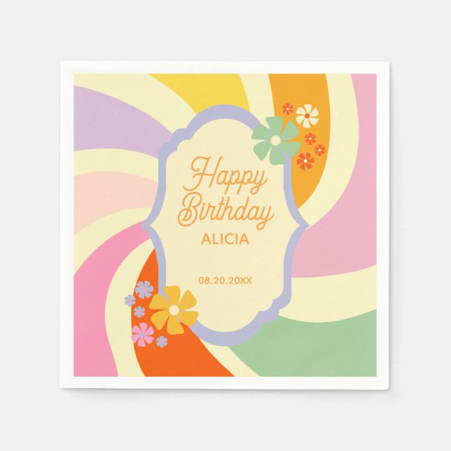 Retro 70s Groovy Wave Flower Happy Birthday Napkin (Front)