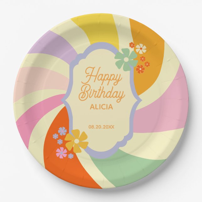 Retro 70s Groovy Wave Flower Happy Birthday Paper Plate (Front)
