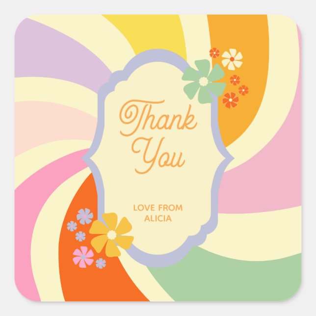 Retro 70s Groovy Wave Flower Thank You Square Sticker (Front)