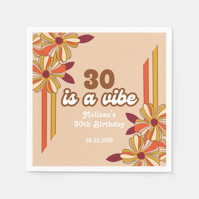 Retro 70s Hippie Flower 30th Birthday Napkin (Front)