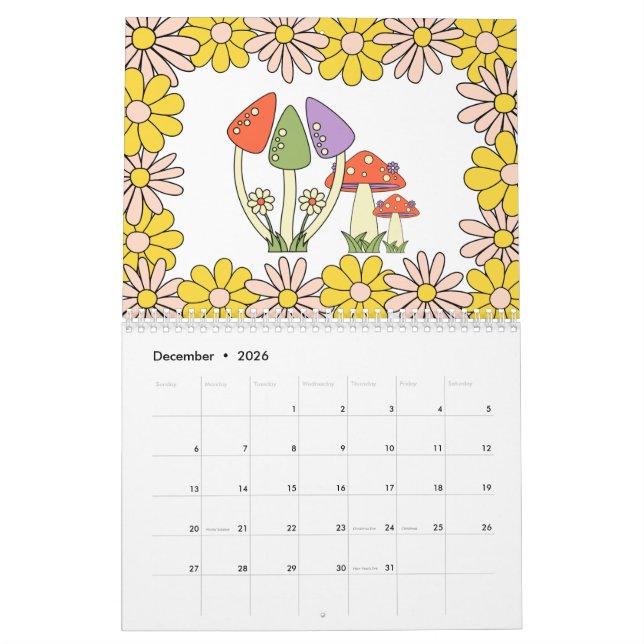 Retro 70s Hippie Groovy Mushroom & Flower Calendar (Dec 2026)