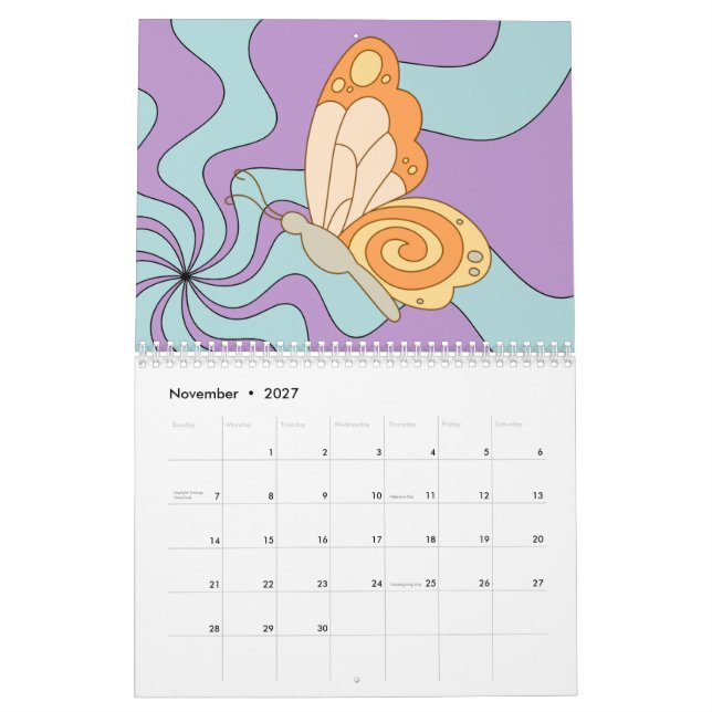 Retro 70s Hippie Groovy Wave Butterfly Calendar (Nov 2027)