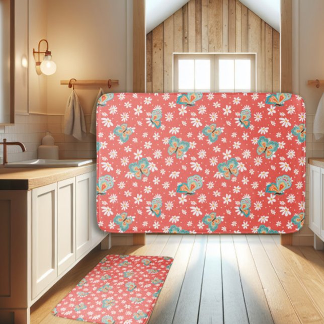RETRO 70s Hippy Daisy Mod Butterfly Salmon Pink Bath Mat (Creator Uploaded)
