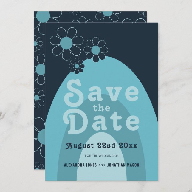 Retro 70s Mid Century Modern Blue Wedding Save The Date (Front/Back)