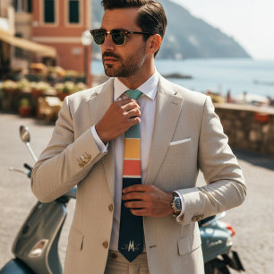 Retro 70s Mod Navy Pink Stripes Pattern Monogram Tie