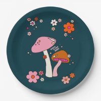 Retro 70s Mushrooms And Flowers Navy Blue