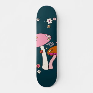 Retro 70s Mushrooms And Flowers Navy Blue Skateboard
