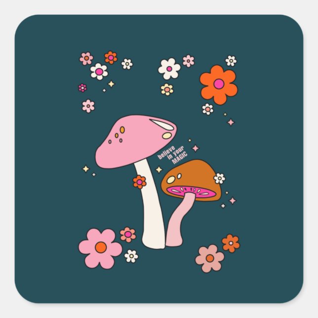 Retro 70s Mushrooms And Flowers Navy Blue Square Sticker (Front)