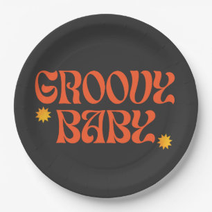 Retro 70s Mustard Orange Black Hippie Groovy Baby Paper Plate