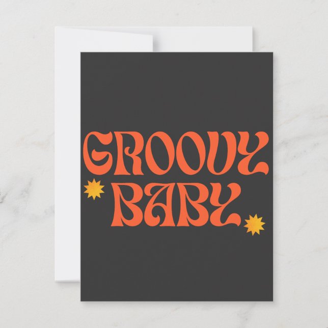 Retro 70s Mustard Orange Black Hippie Groovy Baby RSVP Card (Front)