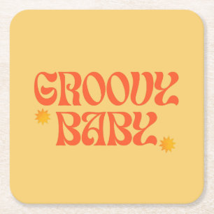 Retro 70s Mustard Orange Hippie Groovy Baby Square Paper Coaster