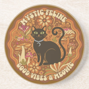 Retro 70s Mystic Feline Groovy Black Cat & Mushroo Coaster