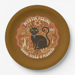 Retro 70s Mystic Feline Groovy Black Cat & Mushroo Paper Plate