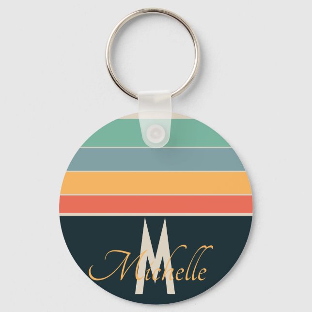 Retro 70s Navy Blue & Pink Stripes Custom Name Keychain (Front)