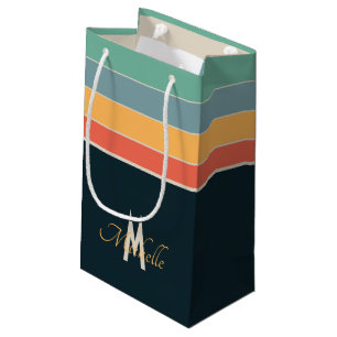 Retro 70s Navy Blue & Pink Stripes Custom Name Small Gift Bag