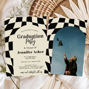 Retro 70s Navy Chequered Arch Photo Graduation Invitation