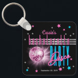 Retro 70's Neon Look Disco Ball Bachelorette Keychain<br><div class="desc">Take a trip back to the 70's and party on the wild side with this retro disco ball "Welcome" to [name's] "Bachelorette Disco Party" design in pink, electric blue and including pink and silver tone text with pink, blue and silver tone (not foil) stars -- all on a black background....</div>