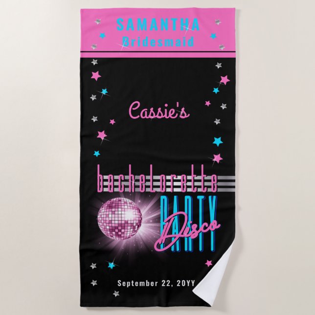 Retro 70's Neon Look Disco Ball Bachelorette Party Beach Towel (Front)