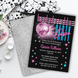 Retro 70's Neon Look Disco Ball Bachelorette Party Invitation