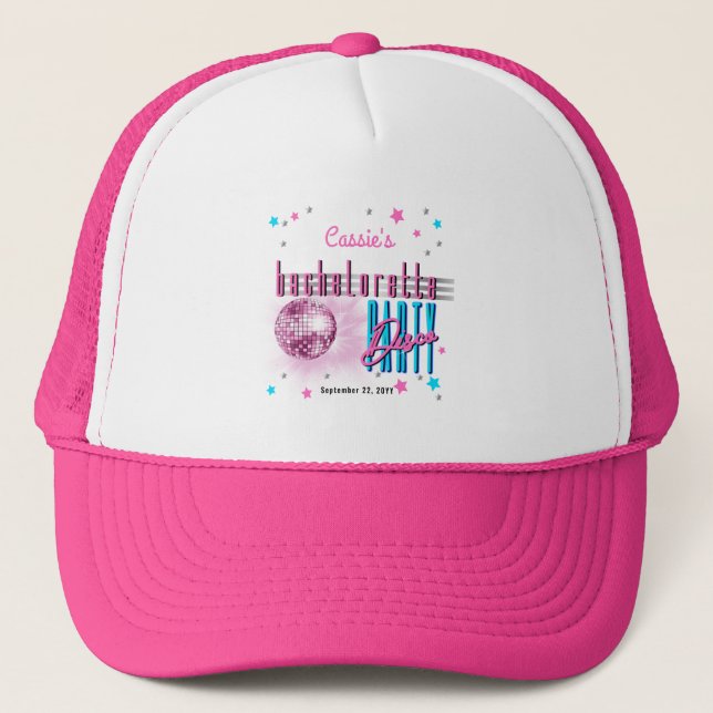 Retro 70's Neon Look Disco Ball Bachelorette Party Trucker Hat (Front)