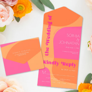 Retro 70s orange pink bold abstract wedding rsvp all in one invitation