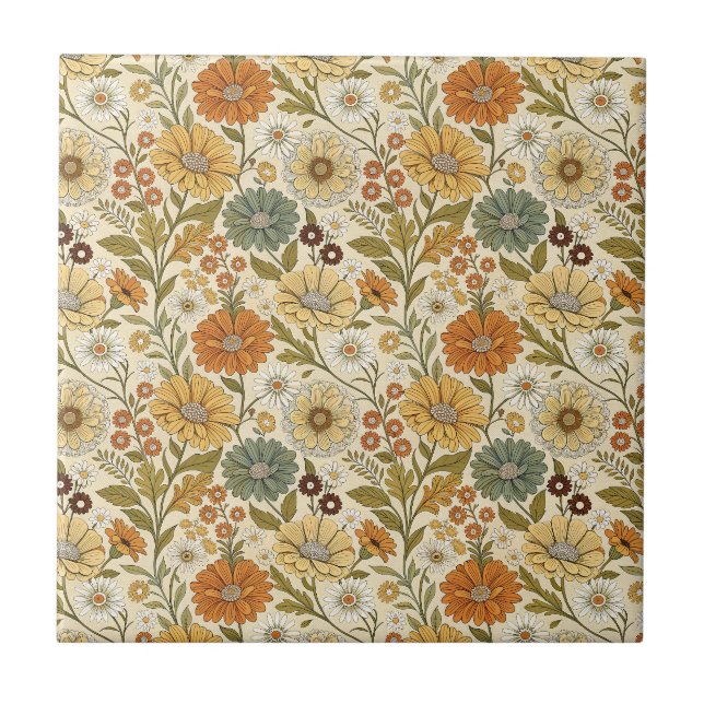 Retro 70s Orange Yellow Daisy Flowers Boho Pattern Tile (Front)